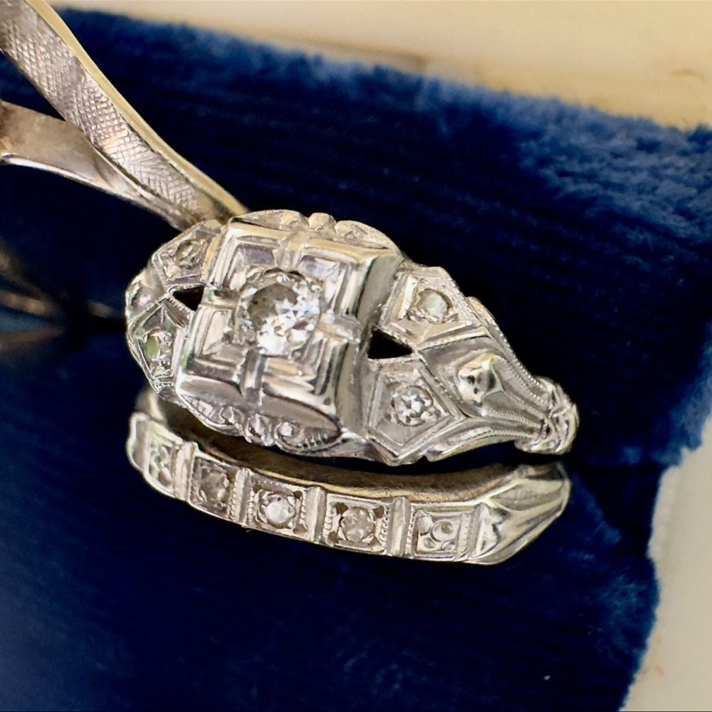 Antique 14K Gold Diamond Engagement Ring & Wedding Band 10K Gold Estate Art Deco - Picture 14 of 14